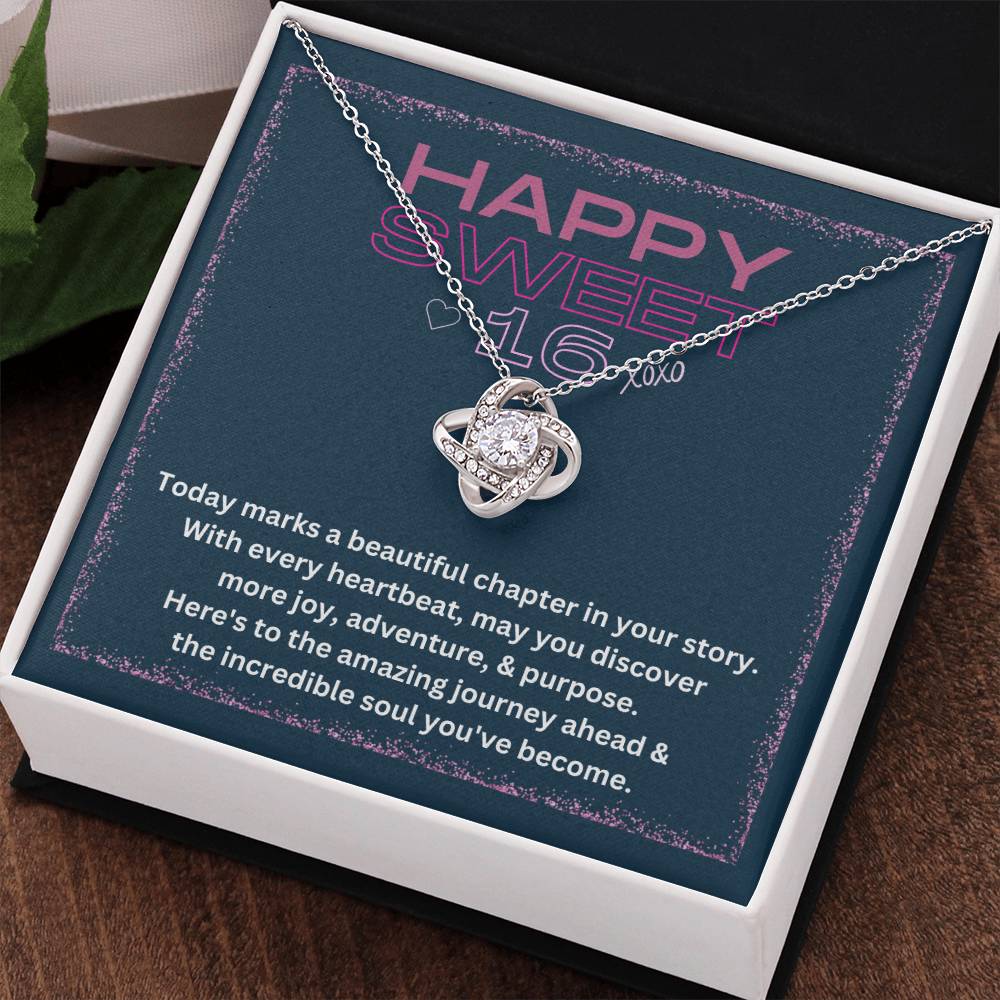 DesignTheShine Happy 16th Birthday Gifts for Girls, Sweet 16th Birthday Necklace for Daughter, Niece, Granddaughter or Girl, Gift Ideas Love Knot, Message Card USS64