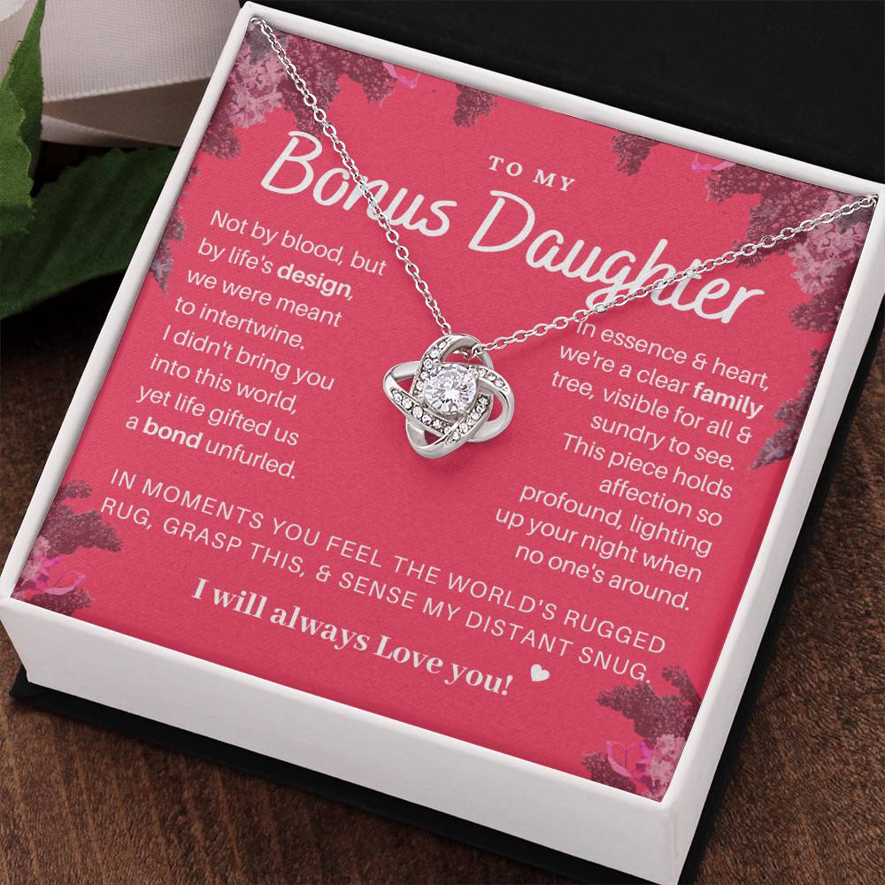 DesignTheShine Bonus Daughter Gifts Necklace for Stepdaughter Gift from Stepmom or Stepdad, Love Knot Necklaces for Christmas, Birthday, Graduation with Thoughtful Message Card and Gift Box - BD2