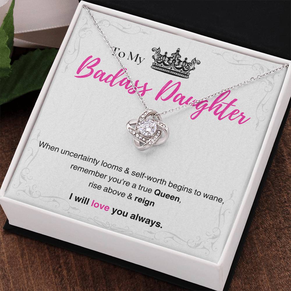 DesignTheShine Badass Daughter Necklace, Daughter Gifts from Mom or Dad, Christmas Gift for Teen Girls, Father Mother Daughter Gifts, Love Knot Necklace with Message Card and Gift Box - BA2