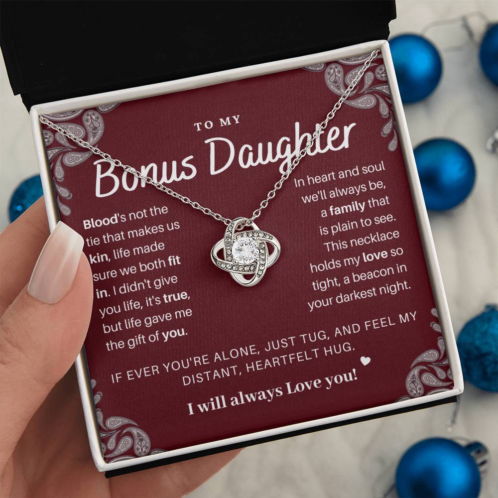 DesignTheShine Bonus Daughter Gifts Necklace for Stepdaughter Gift from Stepmom or Stepdad, Love Knot Necklaces for Christmas, Birthday, Graduation with Thoughtful Message Card and Gift Box - BD3