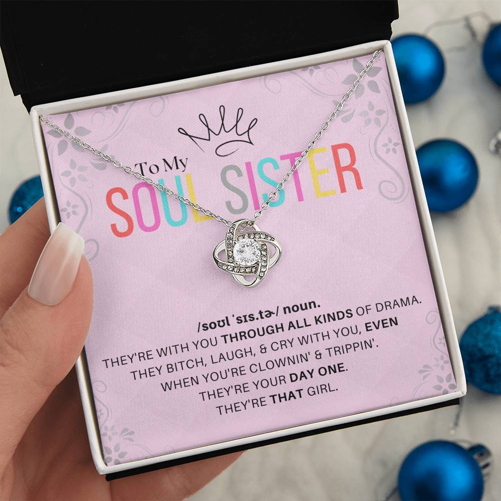 DesignTheShine Soul Sister Gifts for Women, BFF Gift, Best Friend Gift Ideas, Sisters Gift from Sister, Big Sister Gifts, Love Knot Necklace with Thoughtful Message Card and Gift Box - SS3