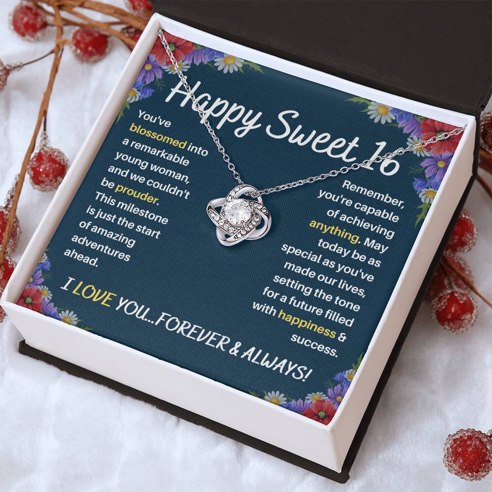 DesignTheShine Happy 16th Birthday Gifts for Girls, Sweet 16th Birthday Necklace for Daughter, Niece, Granddaughter or Girl, Gift Ideas Love Knot Message USS61