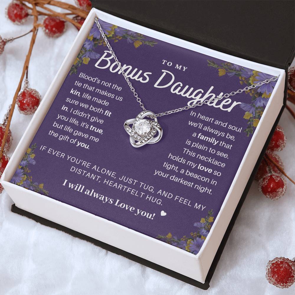 DesignTheShine Bonus Daughter Gifts Necklace for Stepdaughter Gift from Stepmom or Stepdad, Love Knot Necklaces for Christmas, Birthday, Graduation with Thoughtful Message Card and Gift Box - BD4