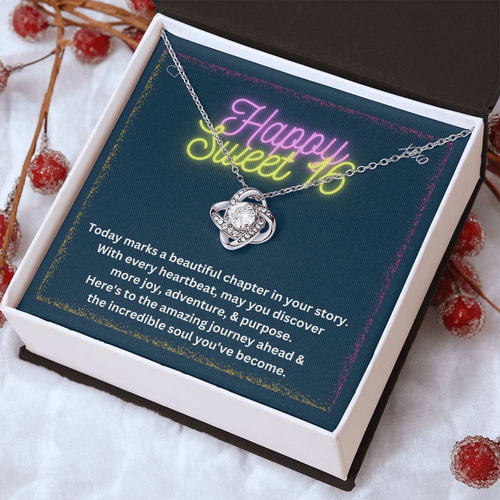 DesignTheShine Happy 16th Birthday Gifts for Girls, Sweet 16th Birthday Necklace for Daughter, Niece, Granddaughter or Girl, Gift Ideas Love Knot, Message Card USS65