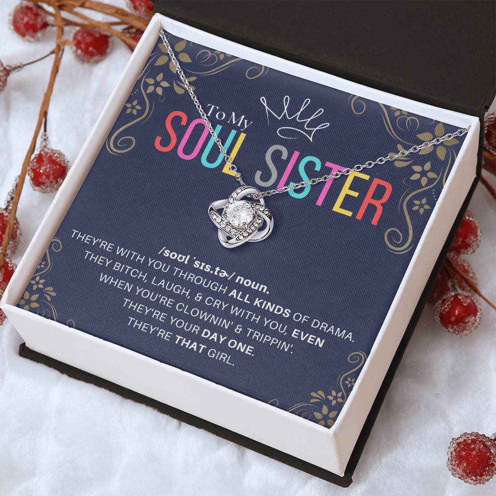 DesignTheShine Soul Sister Gifts for Women, BFF Gift, Best Friend Gift Ideas, Sisters Gift from Sister, Big Sister Gifts, Love Knot Necklace with Thoughtful Message Card and Gift Box - SS2