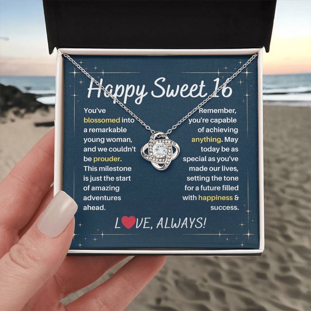 DesignTheShine Happy 16th Birthday Gifts for Girls, Sweet 16th Birthday Necklace for Daughter, Niece, Granddaughter or Girl, Gift Ideas Love Knot Message USS62