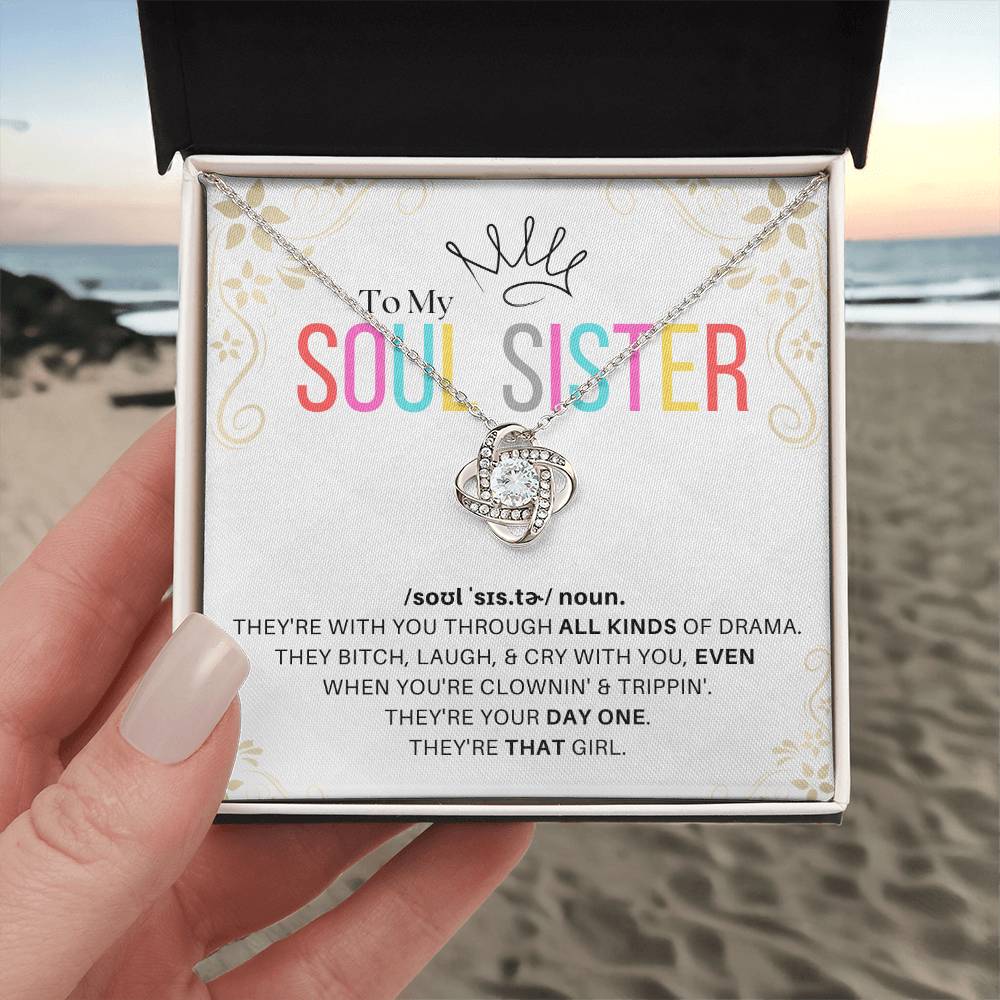 DesignTheShine Soul Sister Gifts for Women, BFF Gift, Best Friend Gift Ideas, Sisters Gift from Sister, Big Sister Gifts, Love Knot Necklace with Thoughtful Message Card and Gift Box - SS1