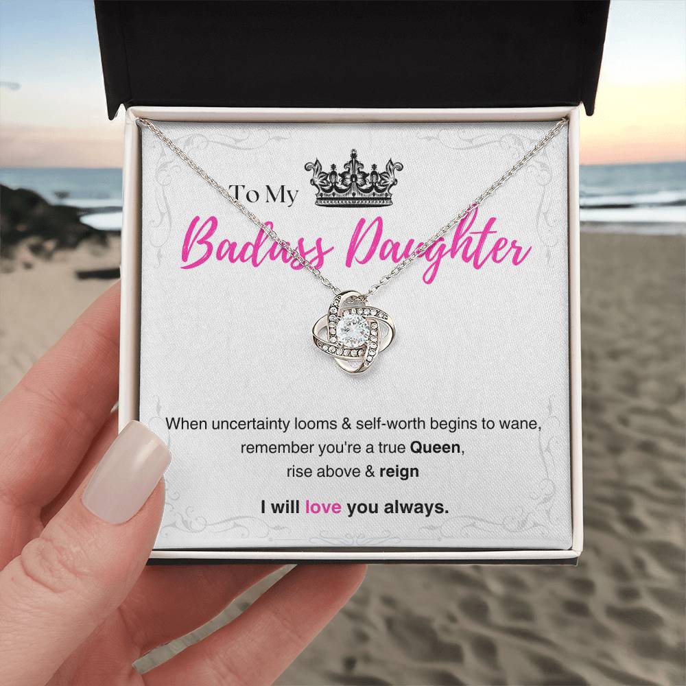 DesignTheShine Badass Daughter Necklace, Daughter Gifts from Mom or Dad, Christmas Gift for Teen Girls, Father Mother Daughter Gifts, Love Knot Message USBA2