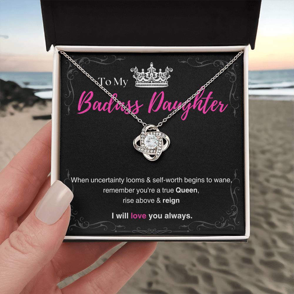 DesignTheShine Badass Daughter Necklace, Daughter Gifts from Mom or Dad, Christmas Gift for Teen Girls, Father Mother Daughter Gifts, Love Knot Message USBA3