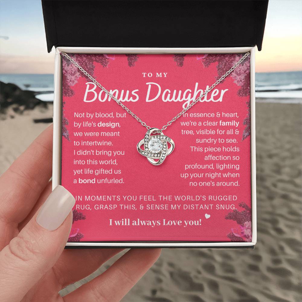 DesignTheShine Bonus Daughter Gifts Necklace for Stepdaughter Gift from Stepmom or Stepdad, Love Knot Necklaces for Christmas, Birthday, Graduation with Thoughtful Message Card and Gift Box - BD2