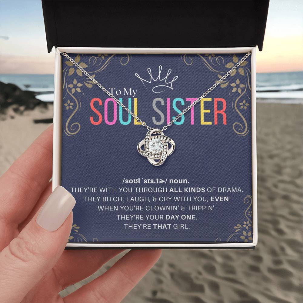 DesignTheShine Soul Sister Gifts for Women, BFF Gift, Best Friend Gift Ideas, Sisters Gift from Sister, Big Sister Gifts, Love Knot Necklace with Thoughtful Message Card and Gift Box - SS2