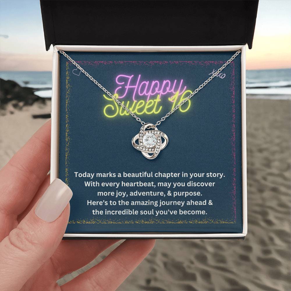 DesignTheShine Happy 16th Birthday Gifts for Girls, Sweet 16th Birthday Necklace for Daughter, Niece, Granddaughter or Girl, Gift Ideas Love Knot, Message Card USS65