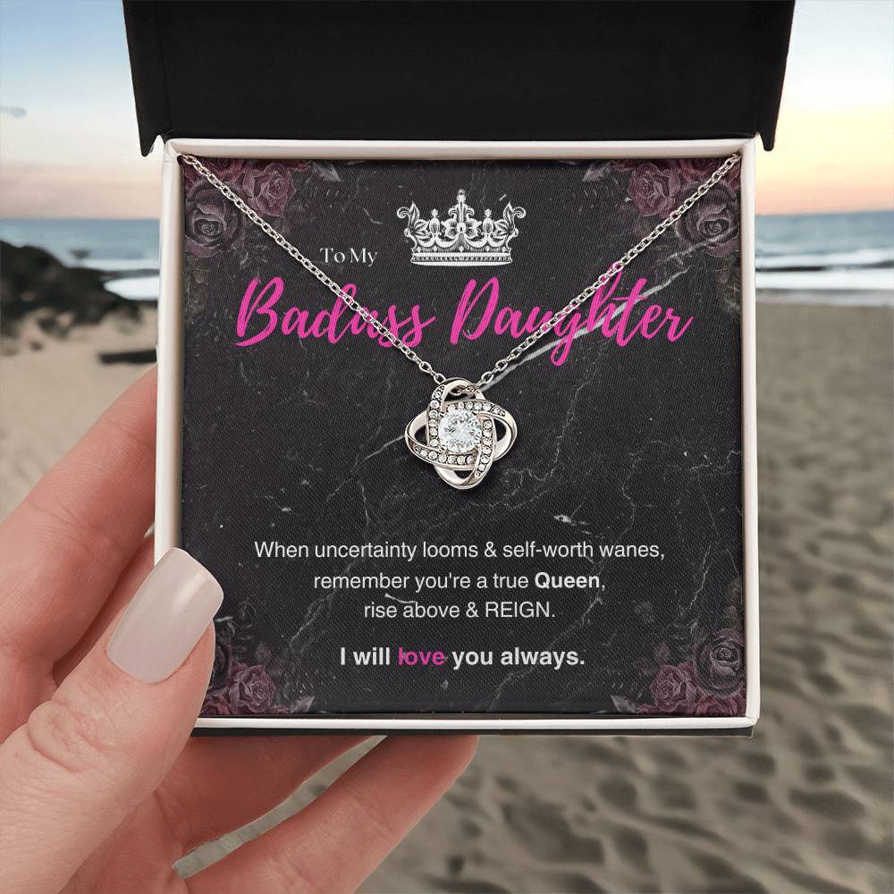 DesignTheShine Badass Daughter Necklace, Daughter Gifts from Mom or Dad, Christmas Gift for Teen Girls, Father Mother Daughter Gifts, Love Knot Message USBA4