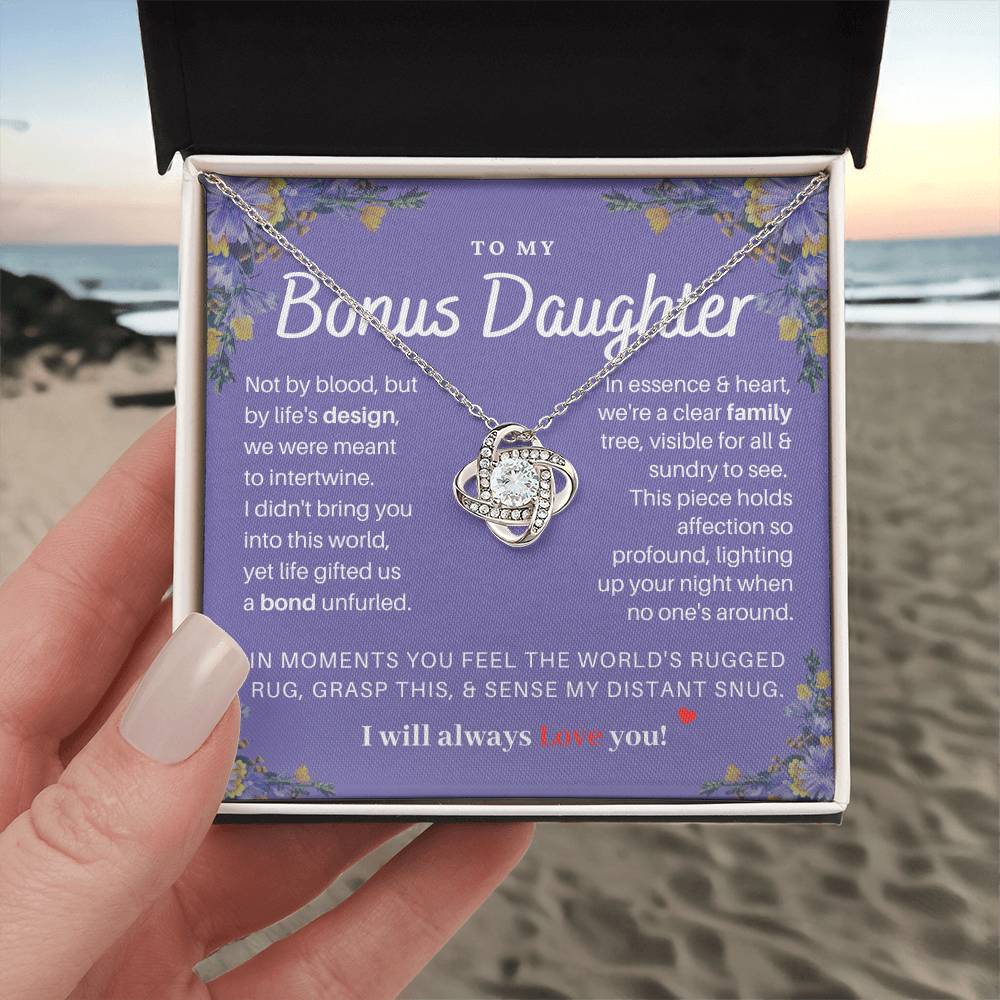 DesignTheShine Bonus Daughter Gifts Necklace for Stepdaughter Gift from Stepmom or Stepdad, Love Knot Necklaces for Christmas, Birthday, Graduation with Thoughtful Message Card and Gift Box - BD5