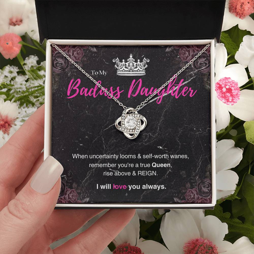 DesignTheShine Badass Daughter Necklace, Daughter Gifts from Mom or Dad, Christmas Gift for Teen Girls, Father Mother Daughter Gifts, Love Knot Necklace with Message Card and Gift Box - BA4