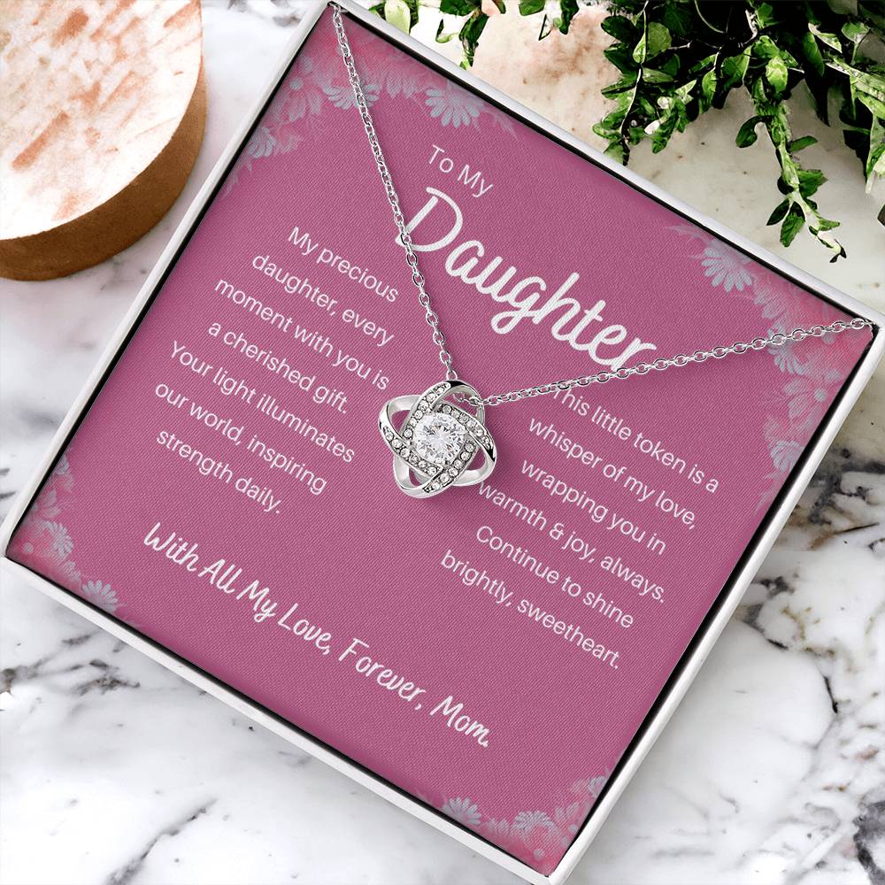 DesignTheShine Daughter Gifts from Mom, Mother Daughter Gift, Christmas Gifts for Daughter, Badass Daughter Gifts from Mom, Birthday Gifts for Daughter Adult - Love Knot Necklace with Message - DG3