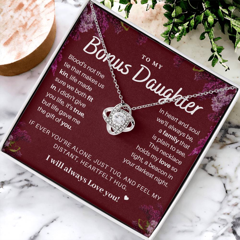 DesignTheShine Bonus Daughter Gifts Necklace for Stepdaughter Gift from Stepmom or Stepdad, Love Knot Necklaces for Christmas, Birthday, Graduation with Thoughtful Message Card and Gift Box - BD1