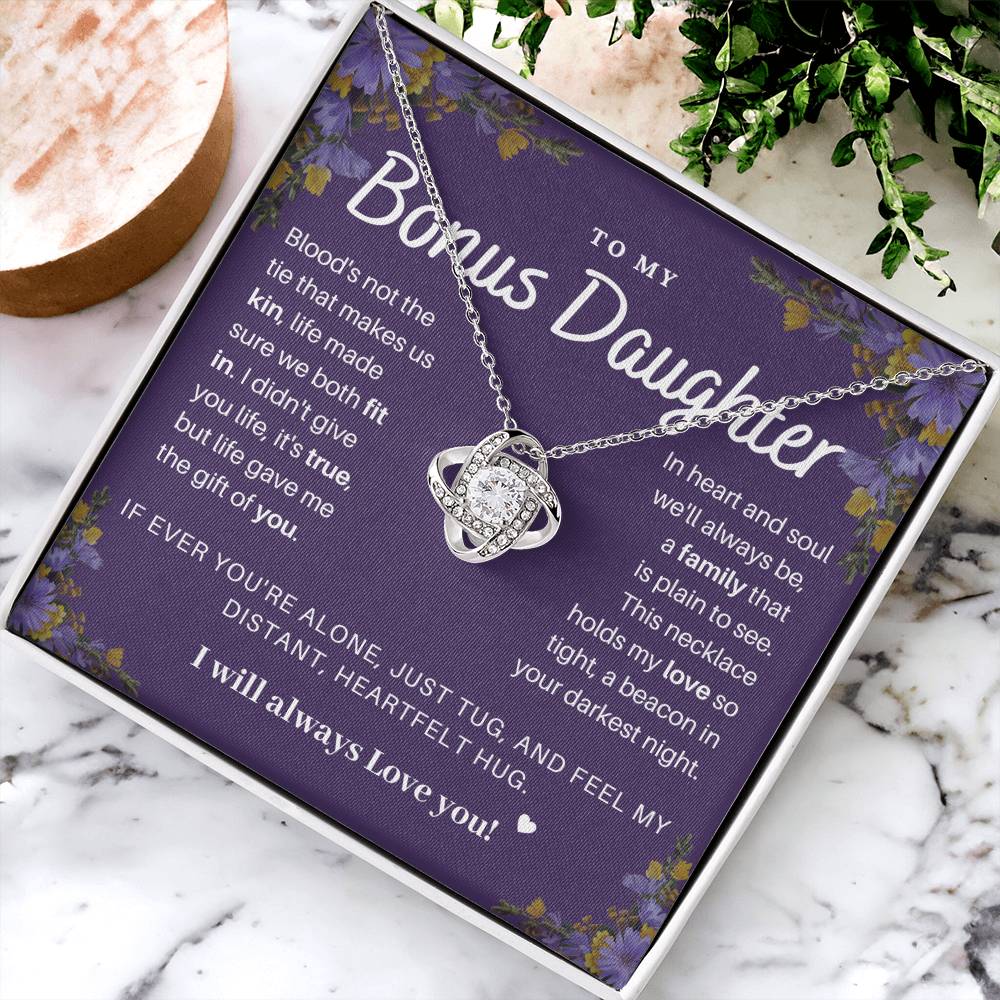 DesignTheShine Bonus Daughter Gifts Necklace for Stepdaughter Gift from Stepmom or Stepdad, Love Knot Necklaces for Christmas, Birthday, Graduation with Thoughtful Message Card and Gift Box - BD4