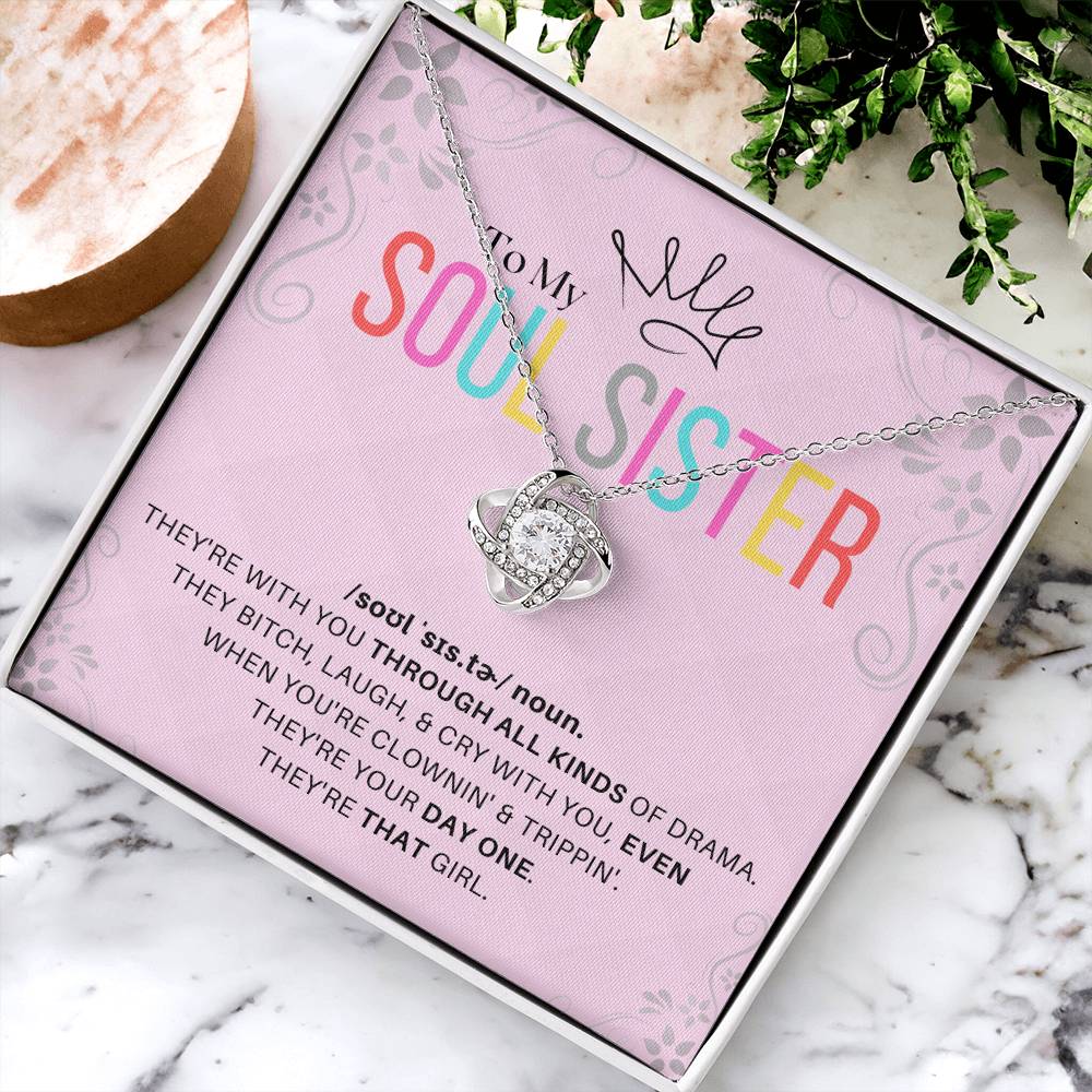 DesignTheShine Soul Sister Gifts for Women, BFF Gift, Best Friend Gift Ideas, Sisters Gift from Sister, Big Sister Gifts, Love Knot Necklace with Thoughtful Message Card and Gift Box - SS3