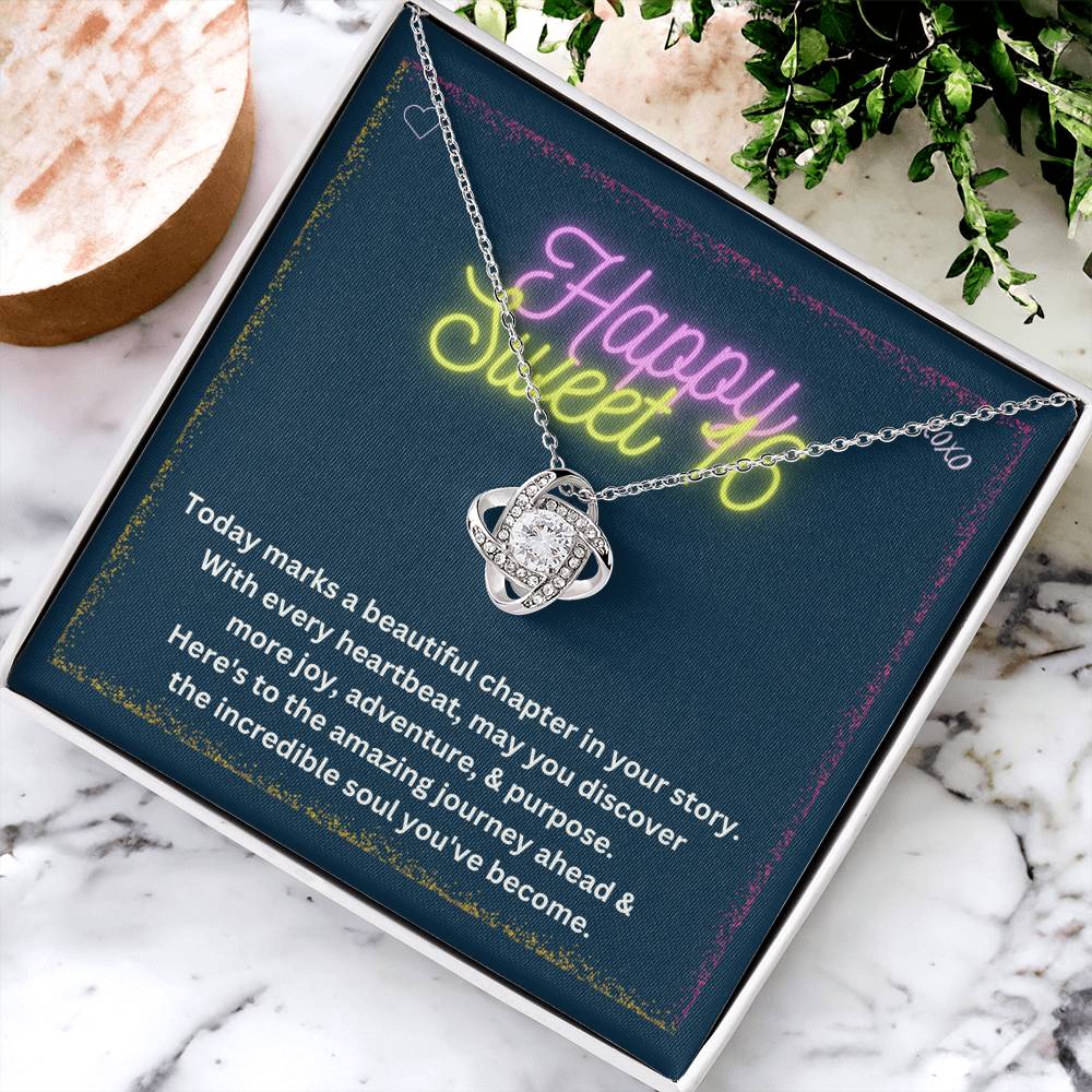 DesignTheShine Happy 16th Birthday Gifts for Girls, Sweet 16th Birthday Necklace for Daughter, Niece, Granddaughter or Girl, Gift Ideas Love Knot Necklace with Message Card and Gift Box - S65