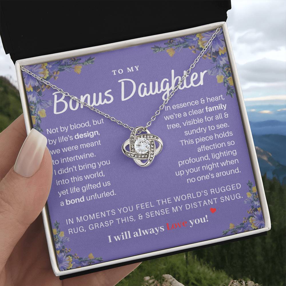 DesignTheShine Bonus Daughter Gifts Necklace for Stepdaughter Gift from Stepmom or Stepdad, Love Knot Necklaces for Christmas, Birthday, Graduation with Thoughtful Message Card and Gift Box - BD5