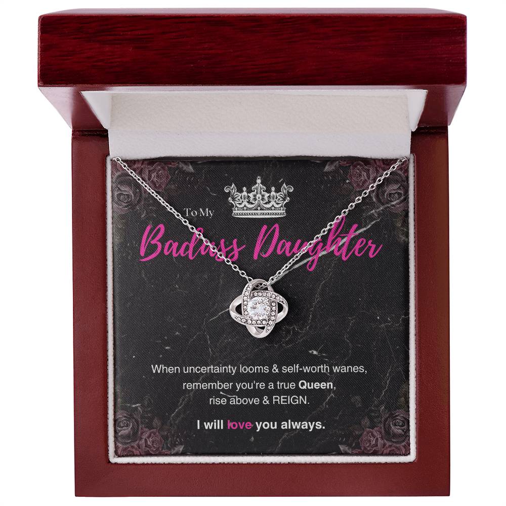 DesignTheShine Badass Daughter Necklace, Daughter Gifts from Mom or Dad, Christmas Gift for Teen Girls, Father Mother Daughter Gifts, Love Knot Necklace with Message Card and Gift Box - BA4