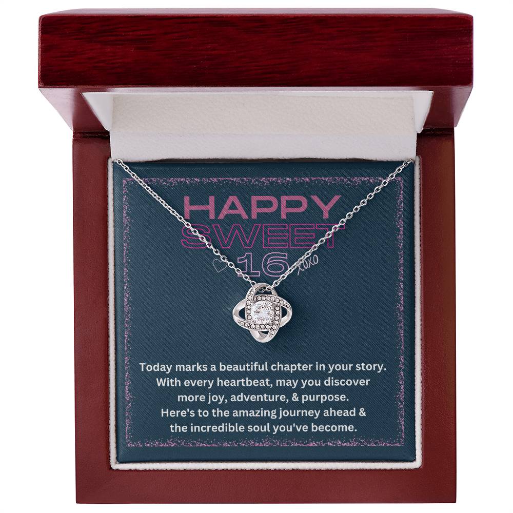 DesignTheShine Happy 16th Birthday Gifts for Girls, Sweet 16th Birthday Necklace for Daughter, Niece, Granddaughter or Girl, Gift Ideas Love Knot, Message Card USS64