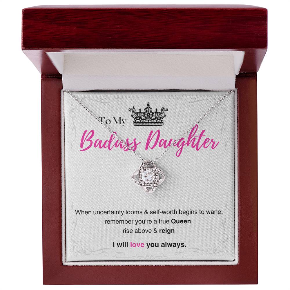 DesignTheShine Badass Daughter Necklace, Daughter Gifts from Mom or Dad, Christmas Gift for Teen Girls, Father Mother Daughter Gifts, Love Knot Necklace with Message Card and Gift Box - BA2