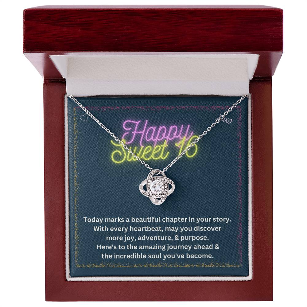 DesignTheShine Happy 16th Birthday Gifts for Girls, Sweet 16th Birthday Necklace for Daughter, Niece, Granddaughter or Girl, Gift Ideas Love Knot, Message Card USS65