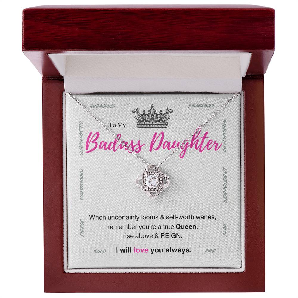 DesignTheShine Badass Daughter Necklace, Daughter Gifts from Mom or Dad, Christmas Gift for Teen Girls, Father Mother Daughter Gifts, Love Knot Necklace with Message Card and Gift Box - BA5