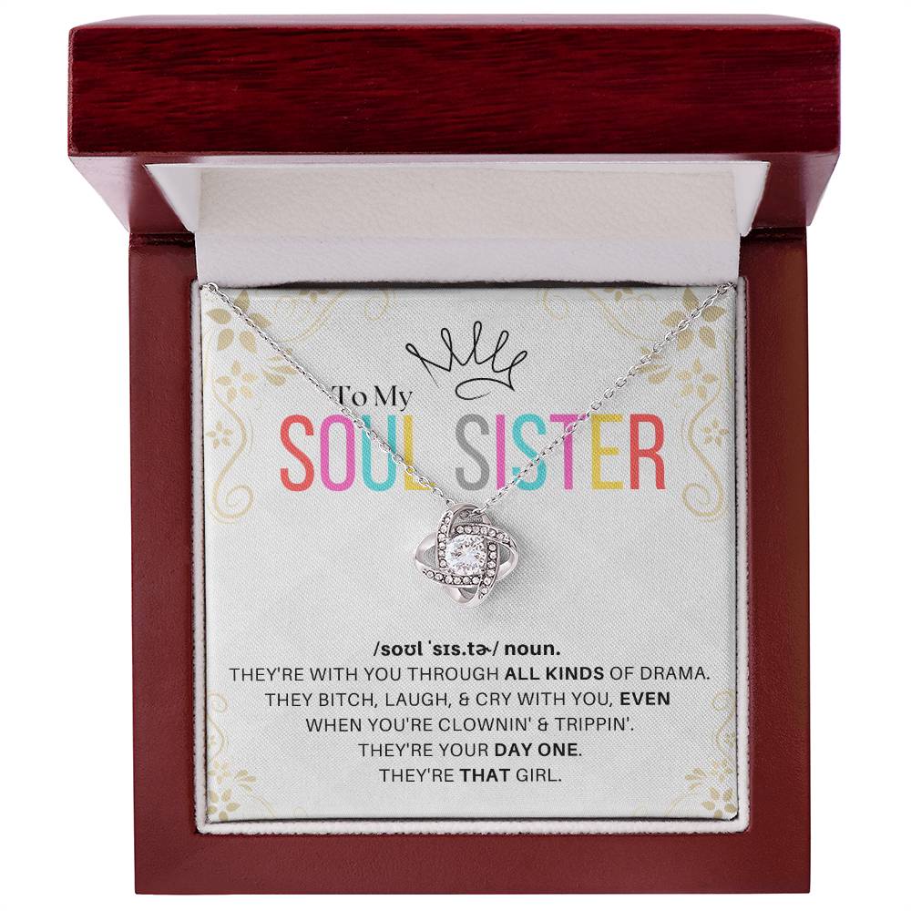 DesignTheShine Soul Sister Gifts for Women, BFF Gift, Best Friend Gift Ideas, Sisters Gift from Sister, Big Sister Gifts, Love Knot Necklace with Thoughtful Message Card and Gift Box - SS1