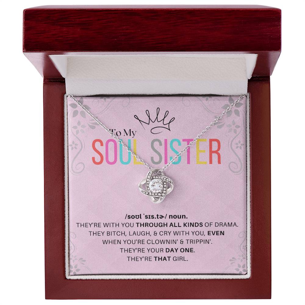 DesignTheShine Soul Sister Gifts for Women, BFF Gift, Best Friend Gift Ideas, Sisters Gift from Sister, Big Sister Gifts, Love Knot Necklace with Thoughtful Message Card and Gift Box - SS3