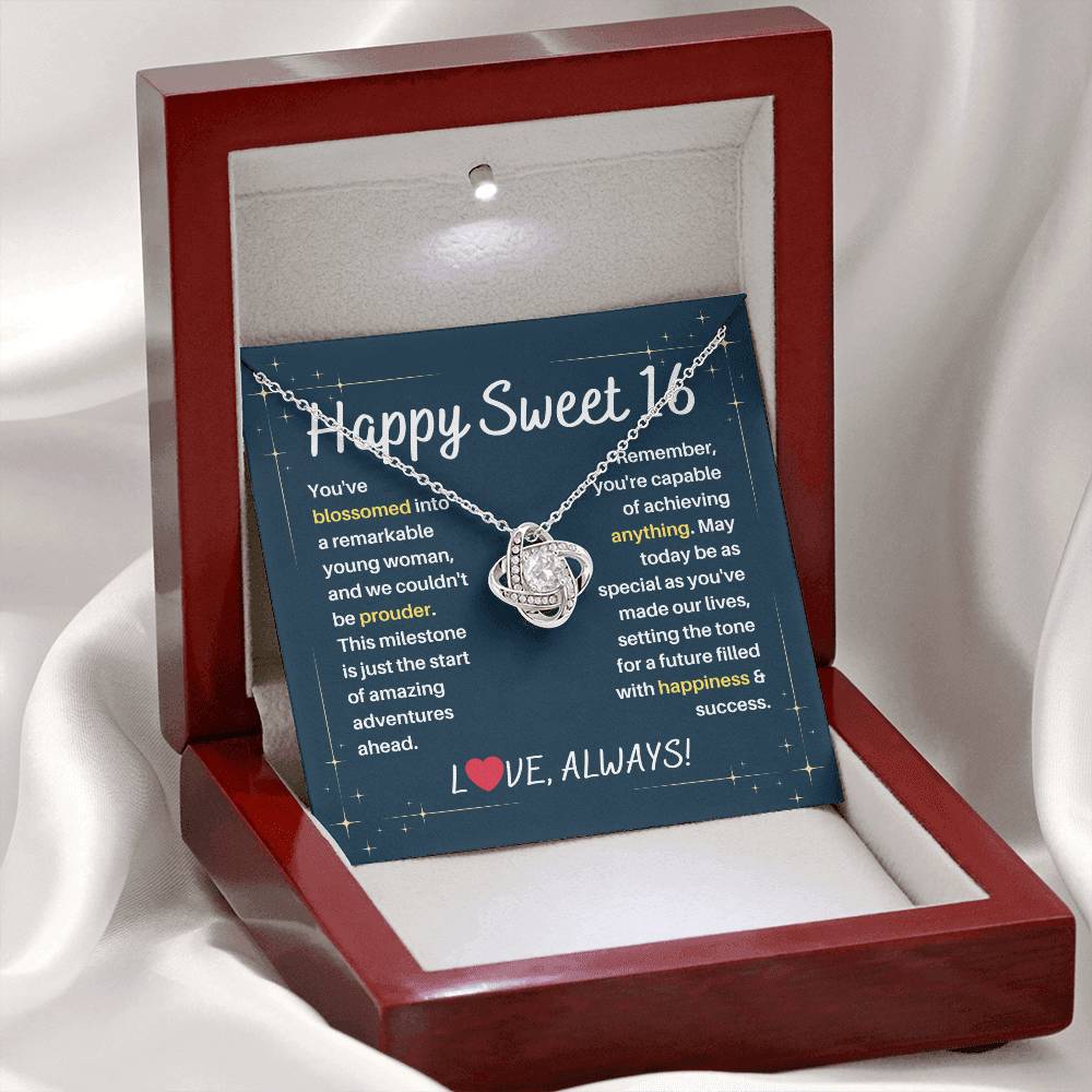 DesignTheShine Happy 16th Birthday Gifts for Girls, Sweet 16th Birthday Necklace for Daughter, Niece, Granddaughter or Girl, Gift Ideas Love Knot Necklace with Message Card and Gift Box - S63