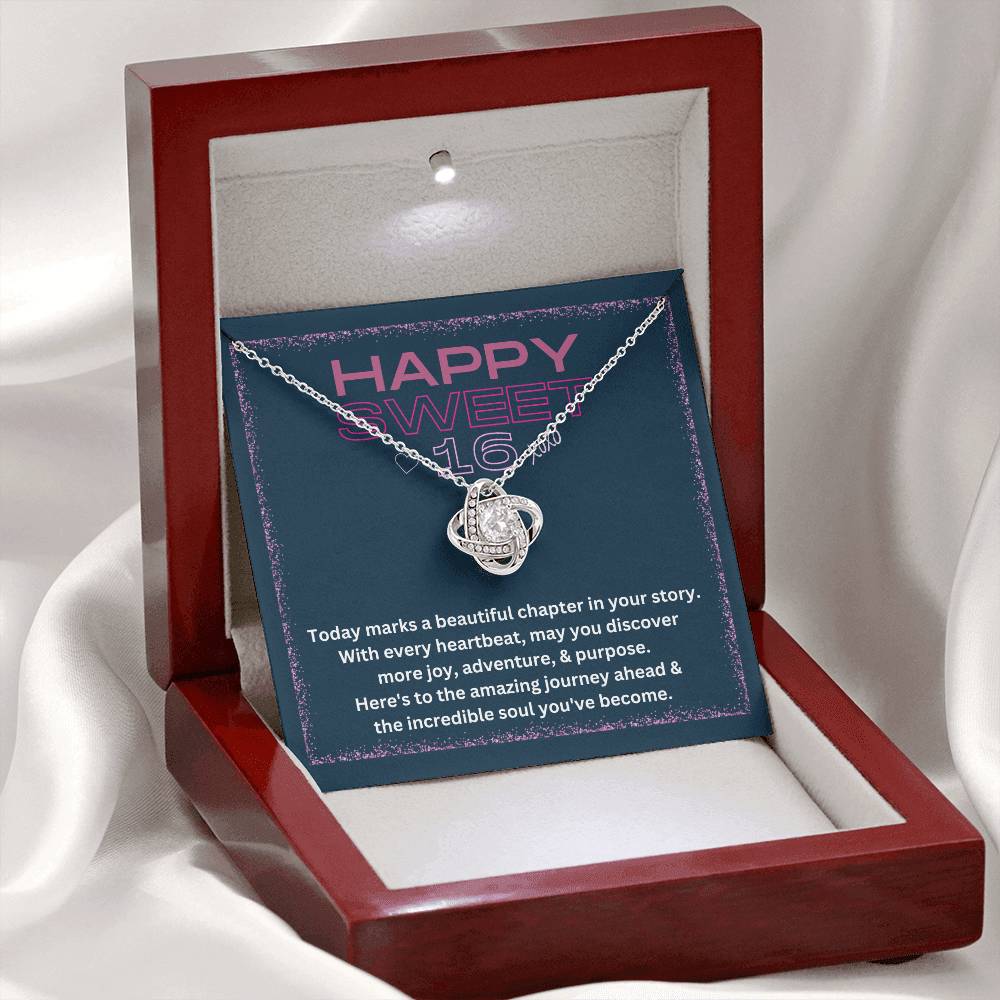 DesignTheShine Happy 16th Birthday Gifts for Girls, Sweet 16th Birthday Necklace for Daughter, Niece, Granddaughter or Girl, Gift Ideas Love Knot Necklace with Message Card and Gift Box - S64