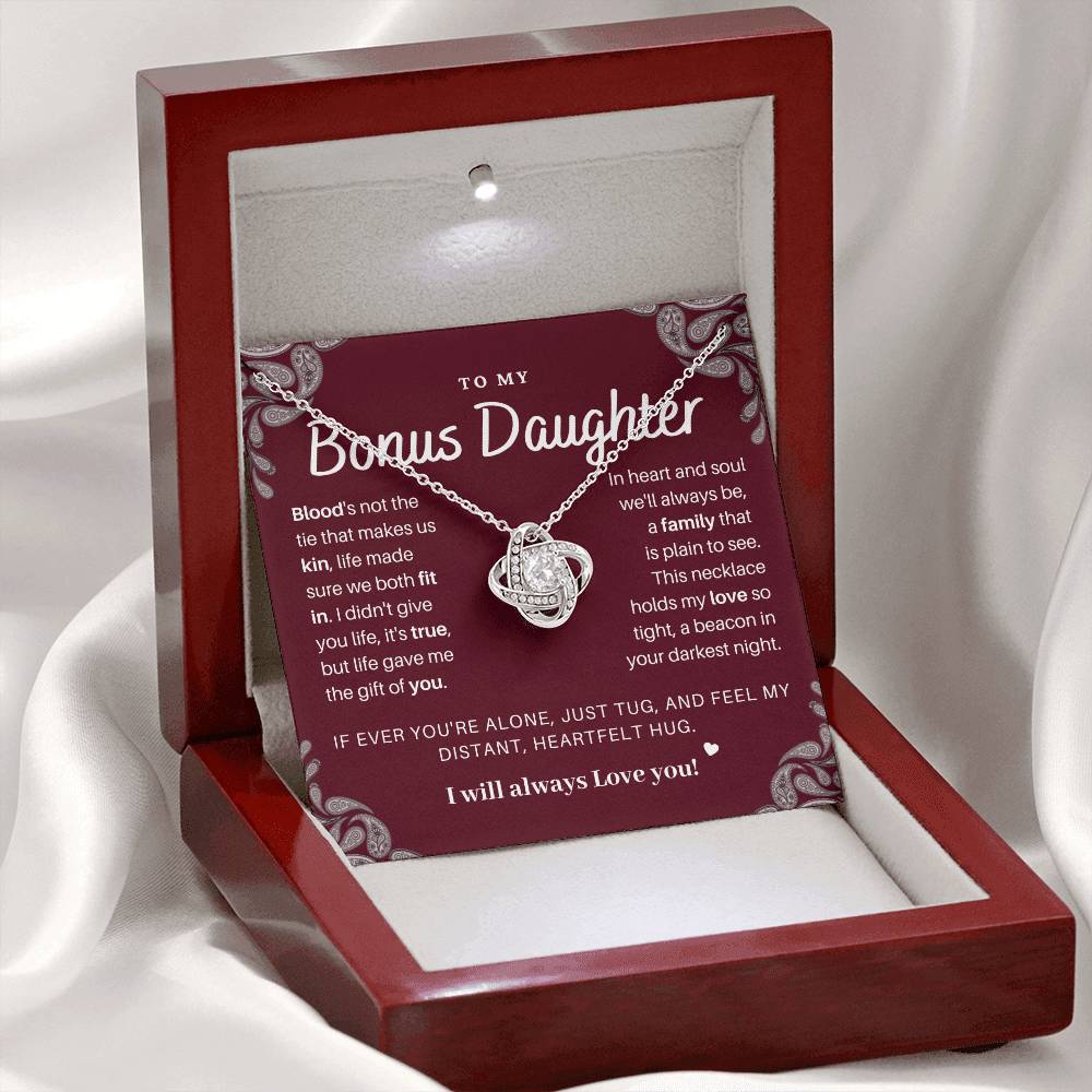 DesignTheShine Bonus Daughter Gifts Necklace for Stepdaughter Gift from Stepmom or Stepdad, Love Knot Necklaces for Christmas, Birthday, Graduation with Thoughtful Message Card and Gift Box - BD3