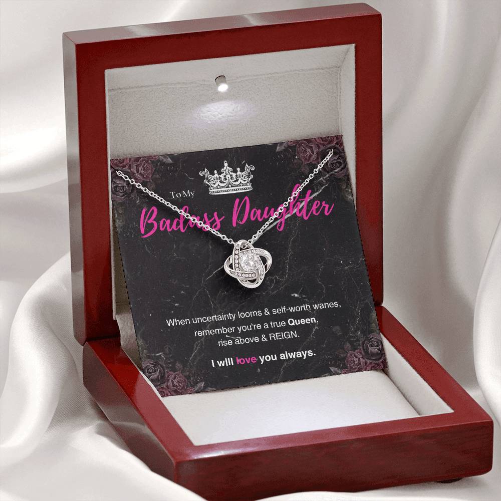 DesignTheShine Badass Daughter Necklace, Daughter Gifts from Mom or Dad, Christmas Gift for Teen Girls, Father Mother Daughter Gifts, Love Knot Message USBA4