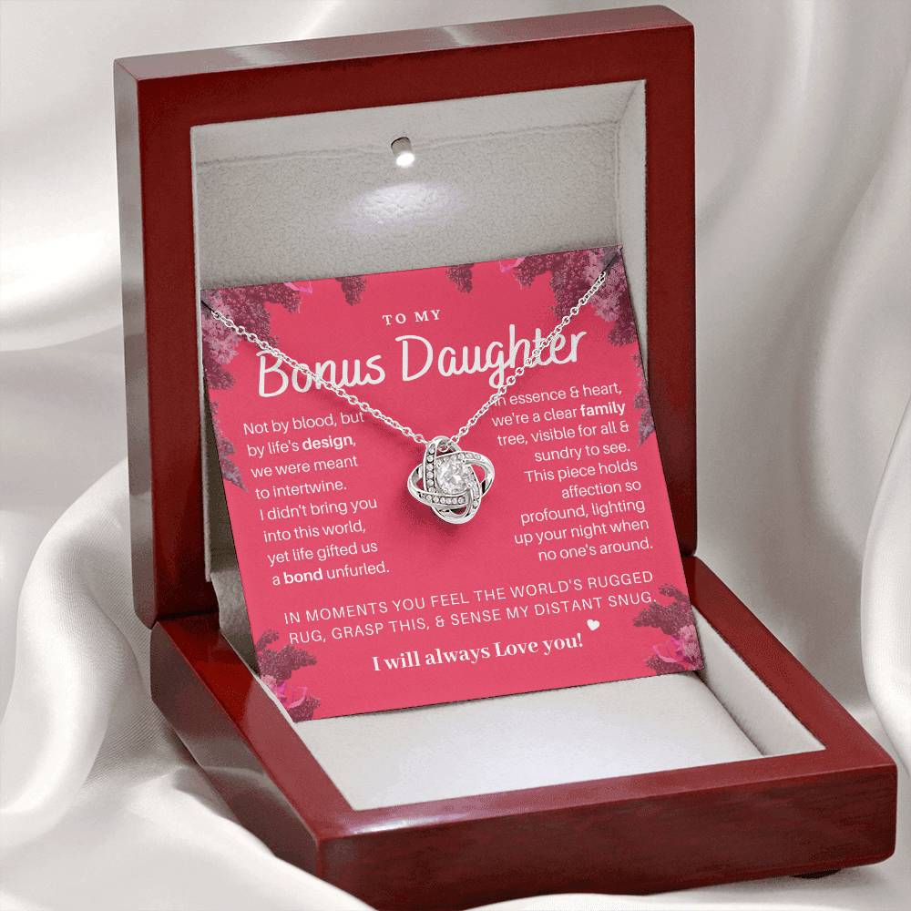 DesignTheShine Bonus Daughter Gifts Necklace for Stepdaughter Gift from Stepmom or Stepdad, Love Knot Necklaces for Christmas, Birthday, Graduation with Thoughtful Message Card and Gift Box - BD2