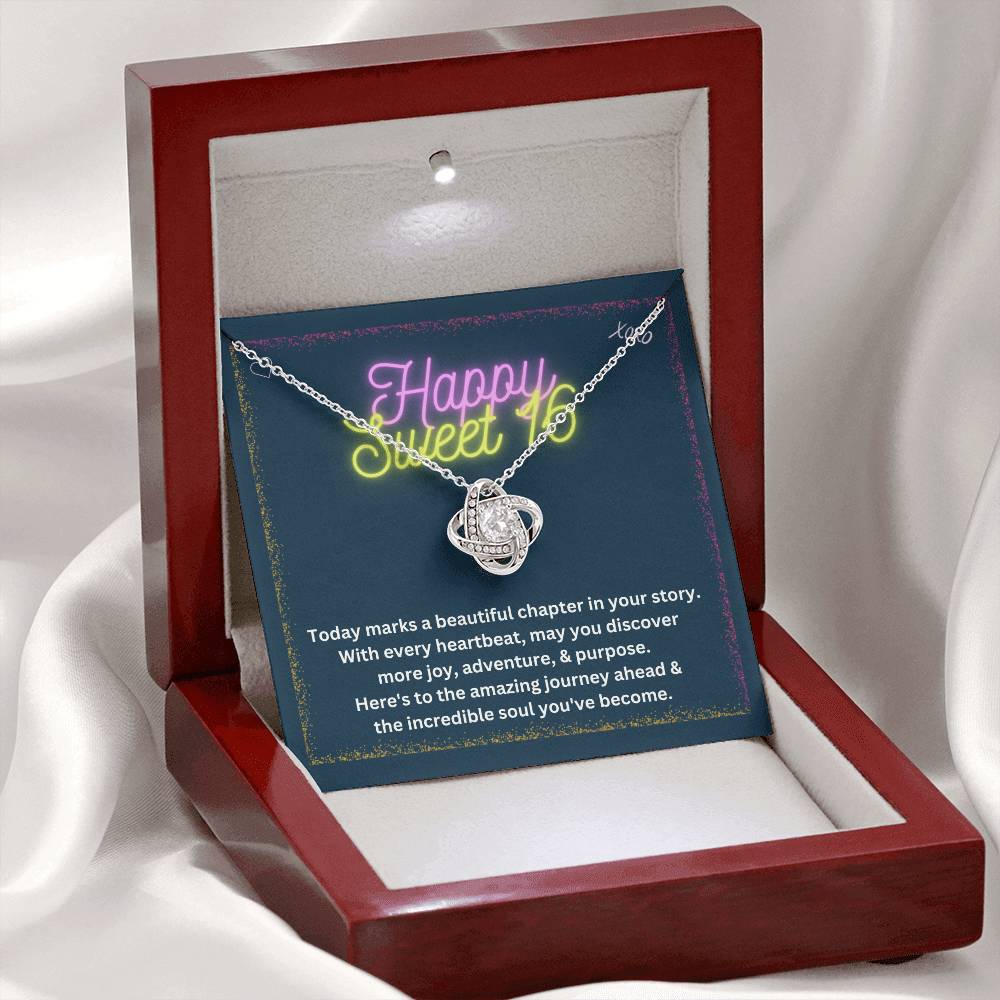 DesignTheShine Happy 16th Birthday Gifts for Girls, Sweet 16th Birthday Necklace for Daughter, Niece, Granddaughter or Girl, Gift Ideas Love Knot, Message Card USS65