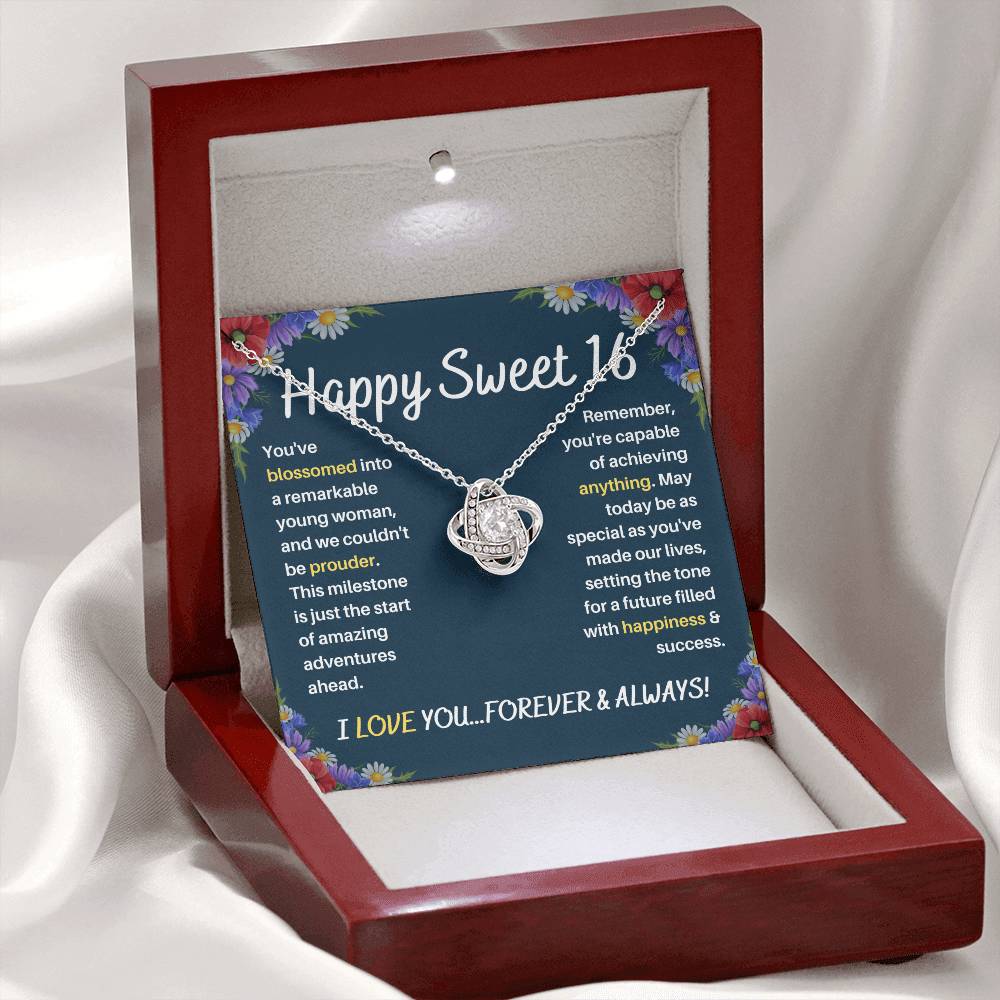 DesignTheShine Happy 16th Birthday Gifts for Girls, Sweet 16th Birthday Necklace for Daughter, Niece, Granddaughter or Girl, Gift Ideas Love Knot Necklace with Message Card and Gift Box - S61