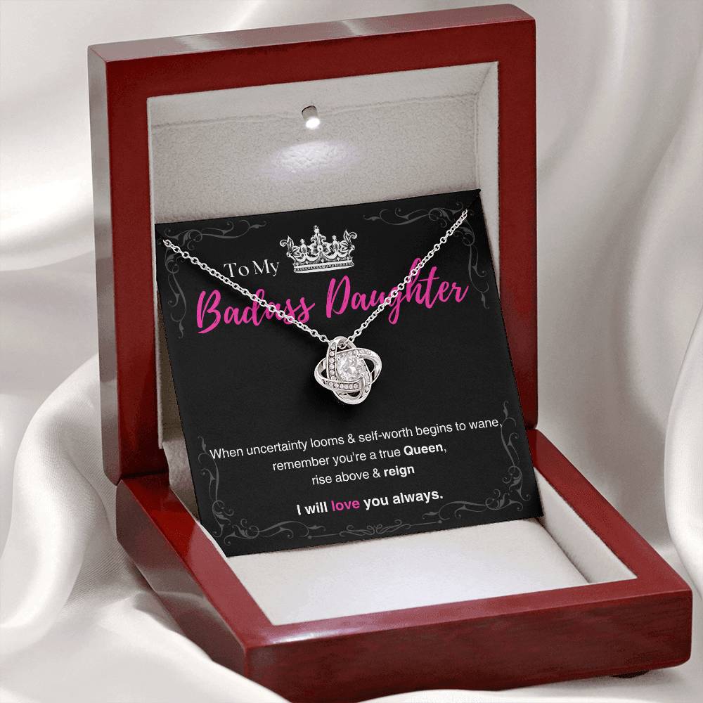 DesignTheShine Badass Daughter Necklace, Daughter Gifts from Mom or Dad, Christmas Gift for Teen Girls, Father Mother Daughter Gifts, Love Knot Message USBA3