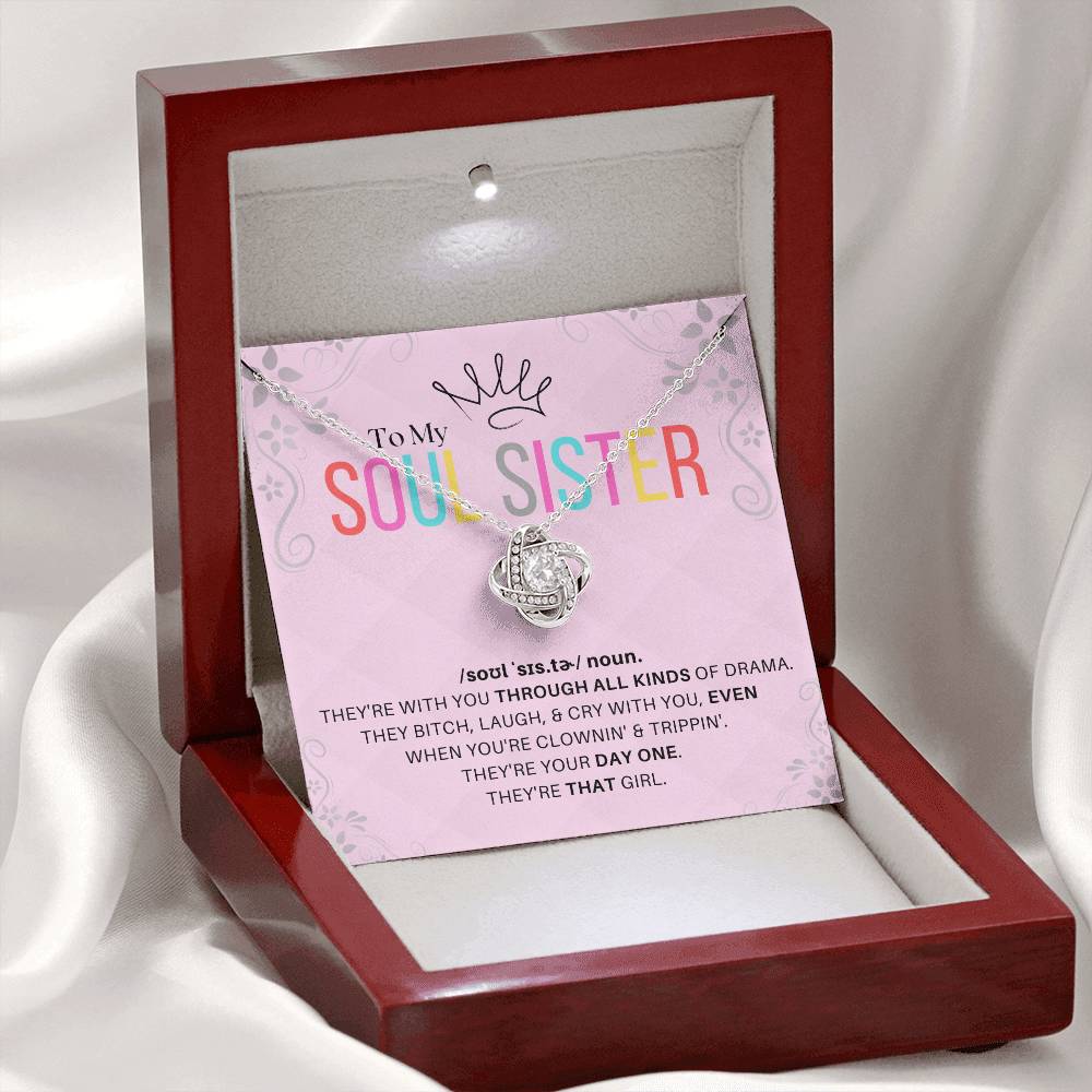 DesignTheShine Soul Sister Gifts for Women, BFF Gift, Best Friend Gift Ideas, Sisters Gift from Sister, Big Sister Gifts, Love Knot Necklace with Thoughtful Message Card and Gift Box - SS3