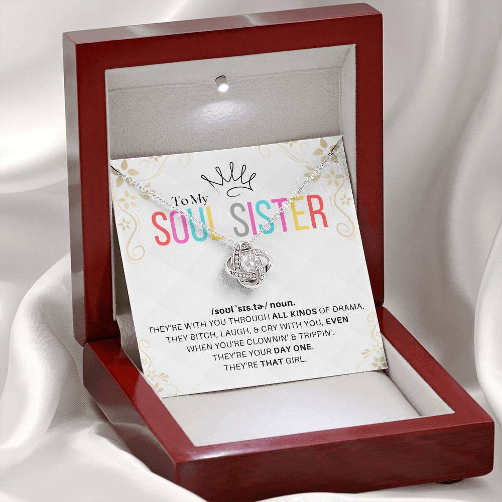 DesignTheShine Soul Sister Gifts for Women, BFF Gift, Best Friend Gift Ideas, Sisters Gift from Sister, Big Sister Gifts, Love Knot Necklace with Thoughtful Message Card and Gift Box - SS1