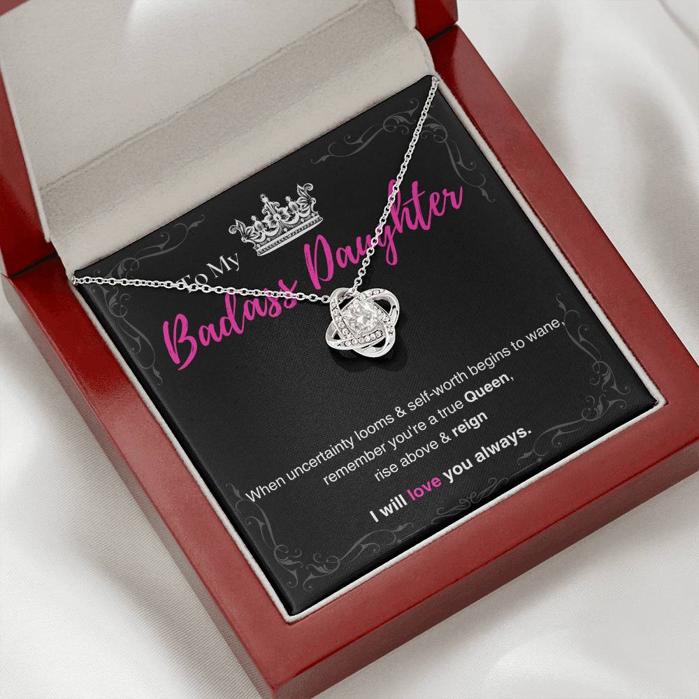 DesignTheShine Badass Daughter Necklace, Daughter Gifts from Mom or Dad, Christmas Gift for Teen Girls, Father Mother Daughter Gifts, Love Knot Necklace with Message Card and Gift Box - BA3