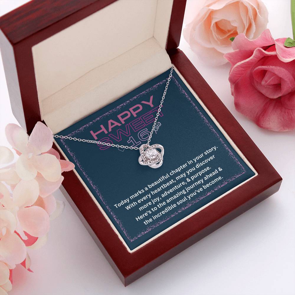 DesignTheShine Happy 16th Birthday Gifts for Girls, Sweet 16th Birthday Necklace for Daughter, Niece, Granddaughter or Girl, Gift Ideas Love Knot Necklace with Message Card and Gift Box - S64