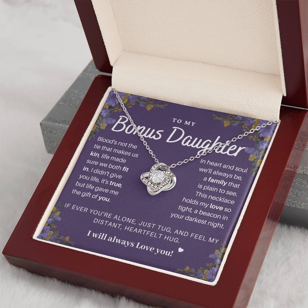 DesignTheShine Bonus Daughter Gifts Necklace for Stepdaughter Gift from Stepmom or Stepdad, Love Knot Necklaces for Christmas, Birthday, Graduation with Thoughtful Message Card and Gift Box - BD4