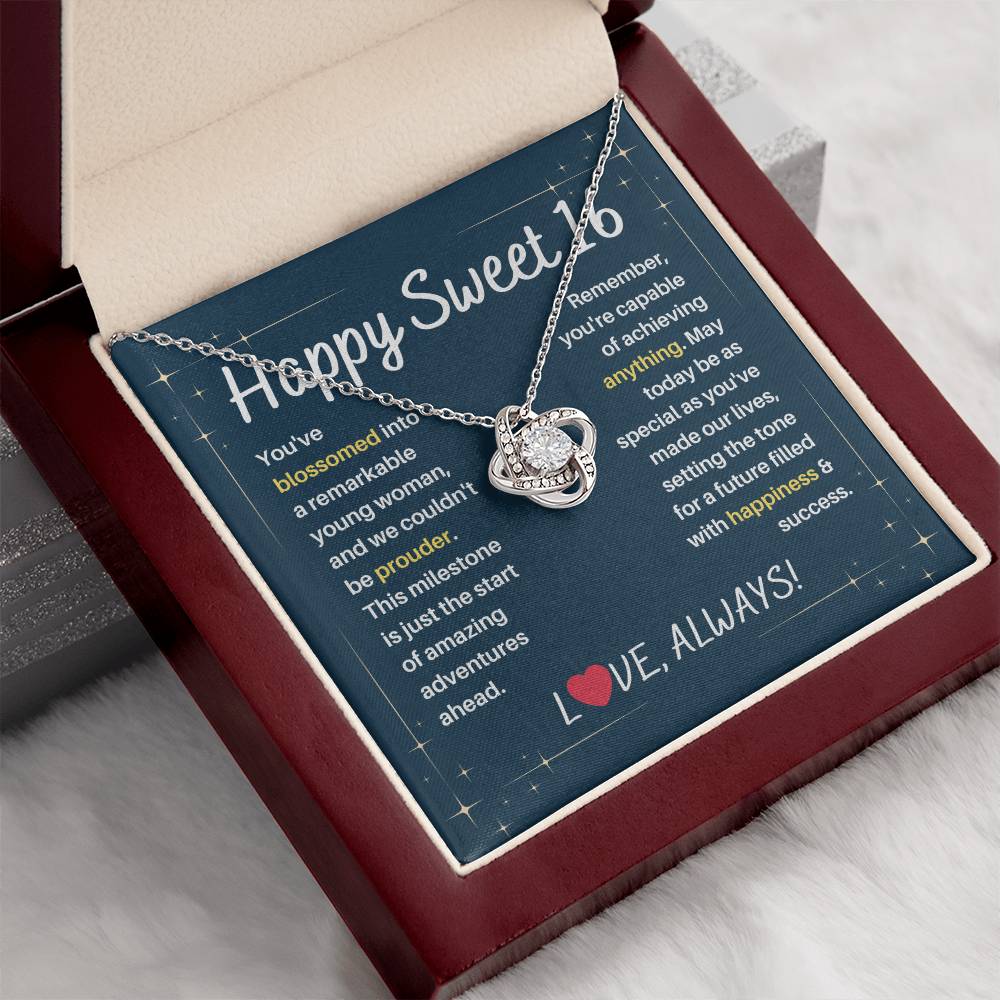 DesignTheShine Happy 16th Birthday Gifts for Girls, Sweet 16th Birthday Necklace for Daughter, Niece, Granddaughter or Girl, Gift Ideas Love Knot Message USS62