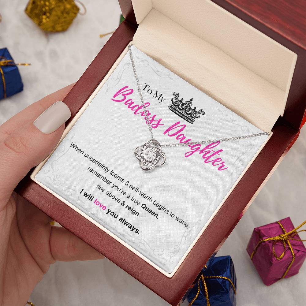 DesignTheShine Badass Daughter Necklace, Daughter Gifts from Mom or Dad, Christmas Gift for Teen Girls, Father Mother Daughter Gifts, Love Knot Necklace with Message Card and Gift Box - BA2