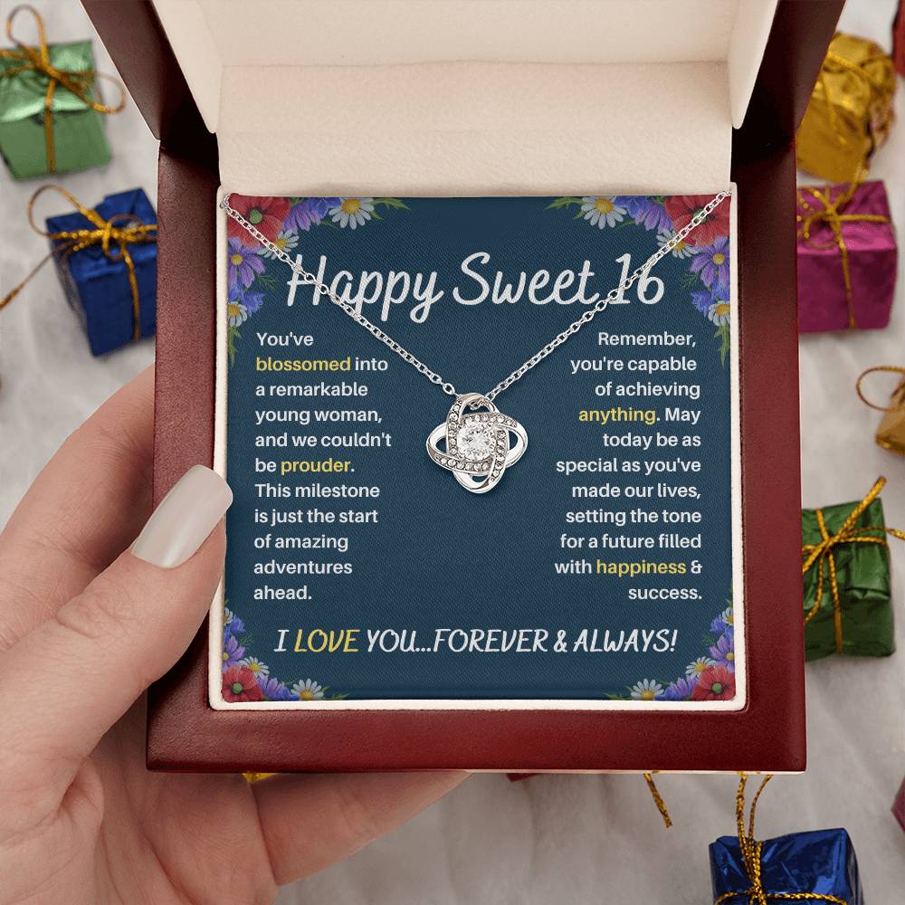 DesignTheShine Happy 16th Birthday Gifts for Girls, Sweet 16th Birthday Necklace for Daughter, Niece, Granddaughter or Girl, Gift Ideas Love Knot Necklace with Message Card and Gift Box - S61