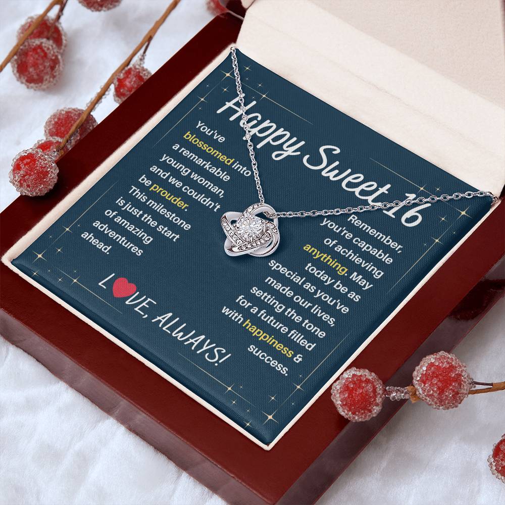 DesignTheShine Happy 16th Birthday Gifts for Girls, Sweet 16th Birthday Necklace for Daughter, Niece, Granddaughter or Girl, Gift Ideas Love Knot, Message Card USS63