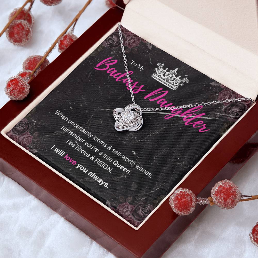 DesignTheShine Badass Daughter Necklace, Daughter Gifts from Mom or Dad, Christmas Gift for Teen Girls, Father Mother Daughter Gifts, Love Knot Necklace with Message Card and Gift Box - BA4